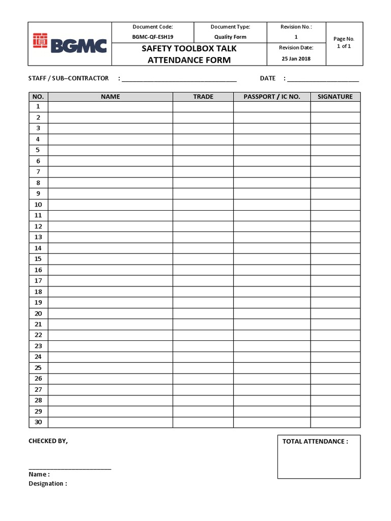 ESH19 Safety Toolbox Talk Attendance Form PDF