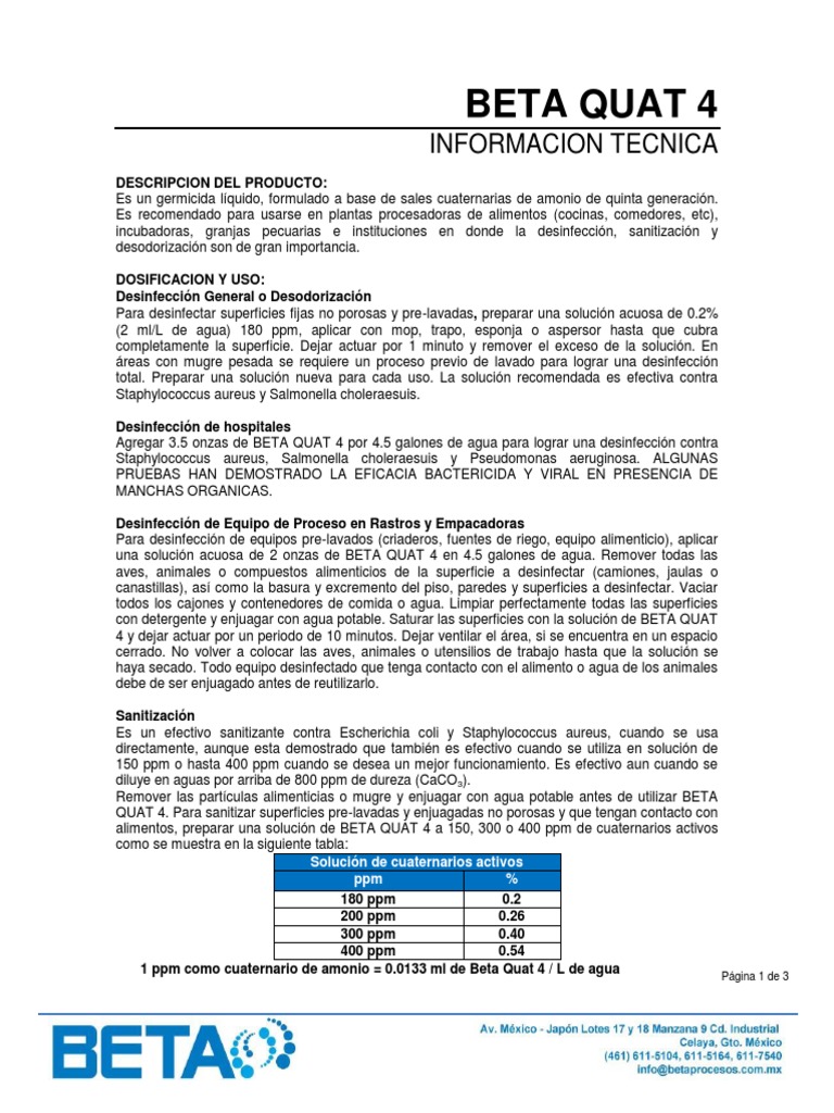 Ficha Tecnica Beta Quat PDF | PDF | Agua | Naturaleza