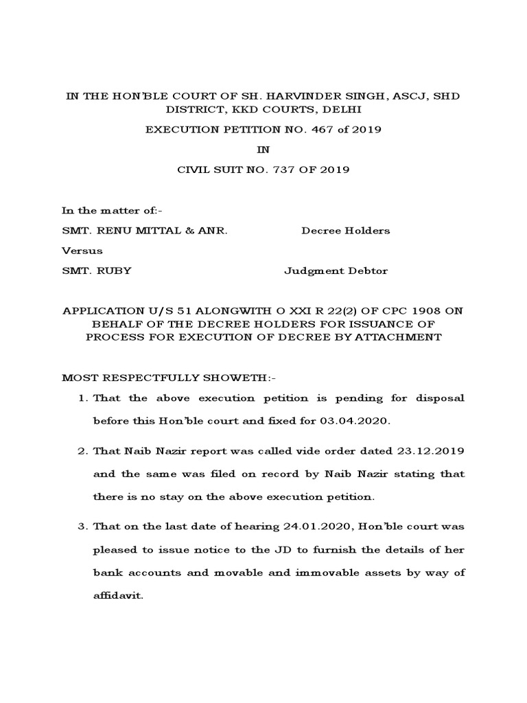 Application for Issuance of Process for Execution of Decree by