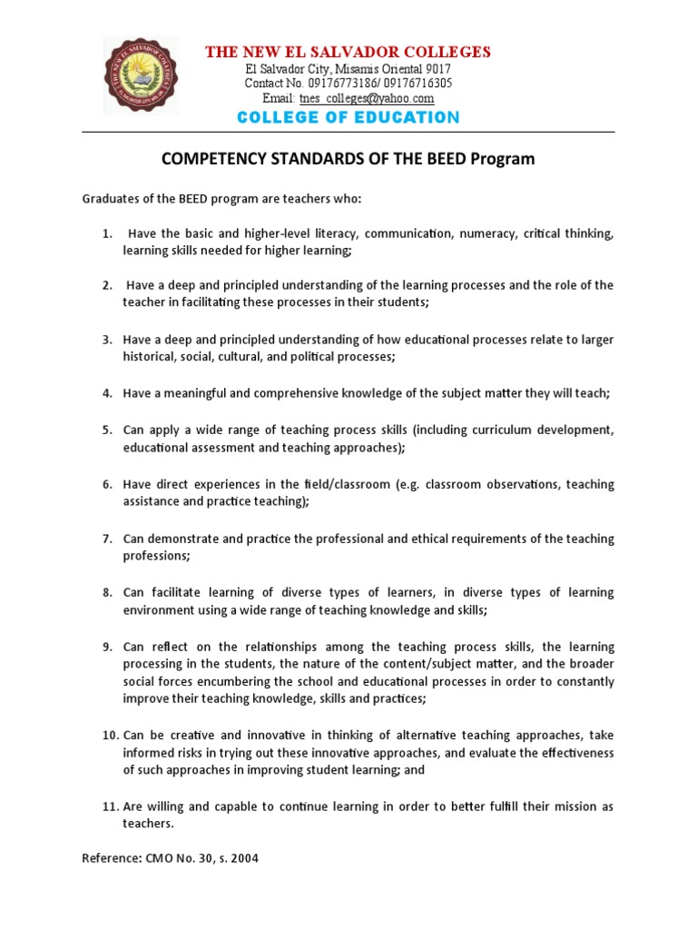 BEED Program Competency Standards | PDF | Career & Growth