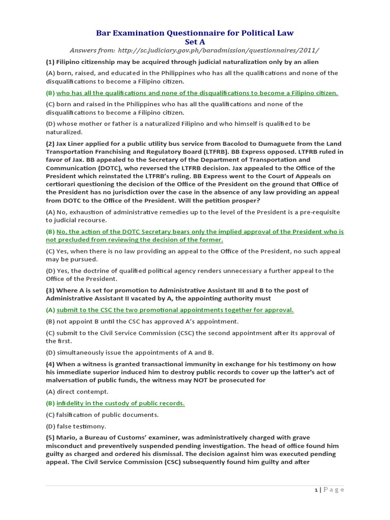 Political Law Bar Exam Questions Answers 2011 MCQ Bar Questionnaire