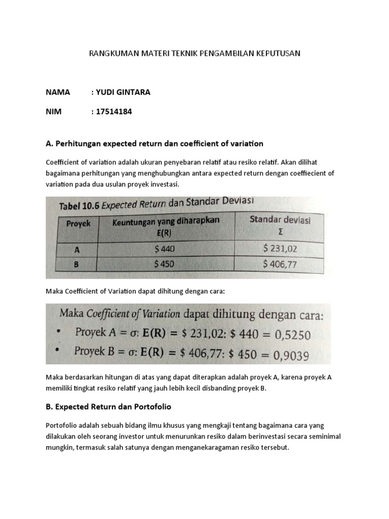 Rangkuman Materi Perhitungan Expected Return Dan Coefficient Of Variation
