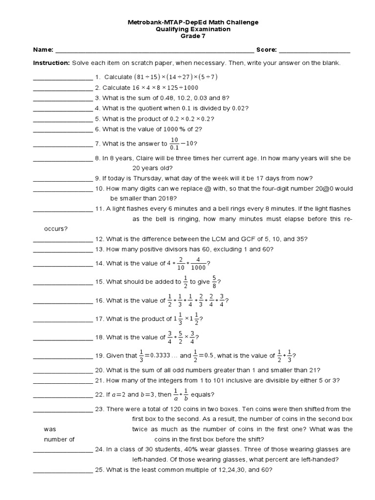Grade 7 MTAP Math Challenge Exam | PDF | Abstract Algebra | Elementary ...