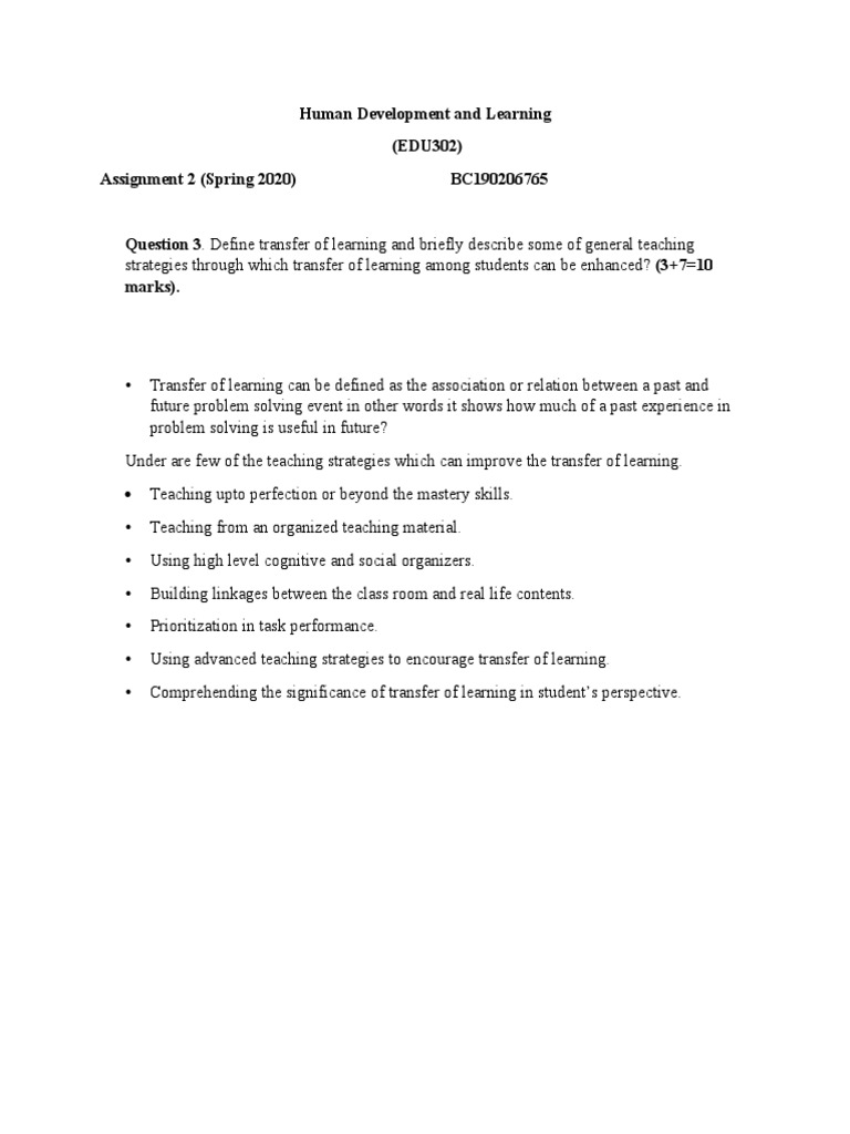 Human Development and Learning (EDU302) Assignment 2 (Spring 2020 ...