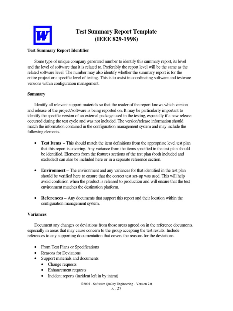 Test Summary Report Template (IEEE 829-1998) : 2001 - Software Quality ...