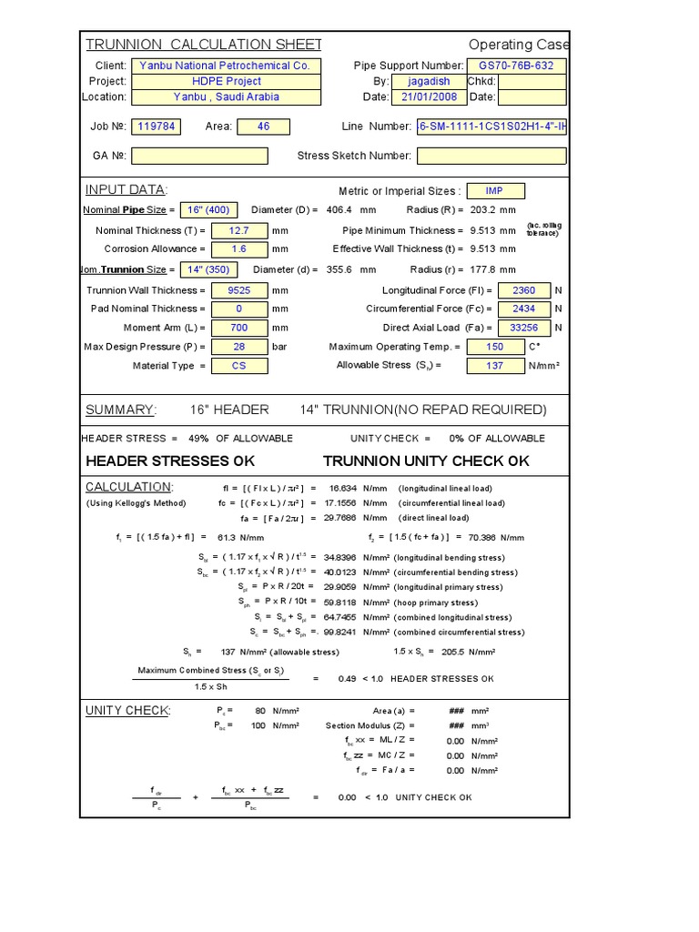 Operating Case Trunnion Calculation Sheet Input Data PDF Mechanics