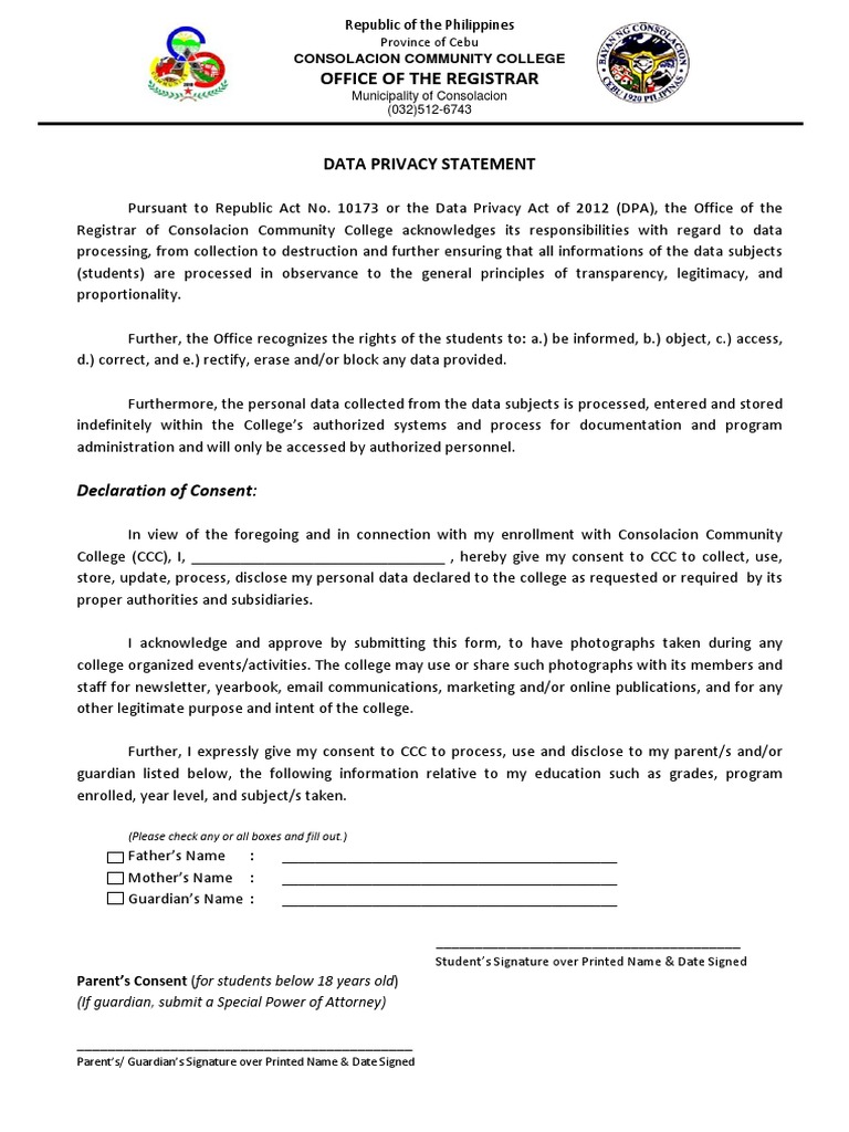 Consolacion Community College Data Privacy Statement | PDF | Privacy ...