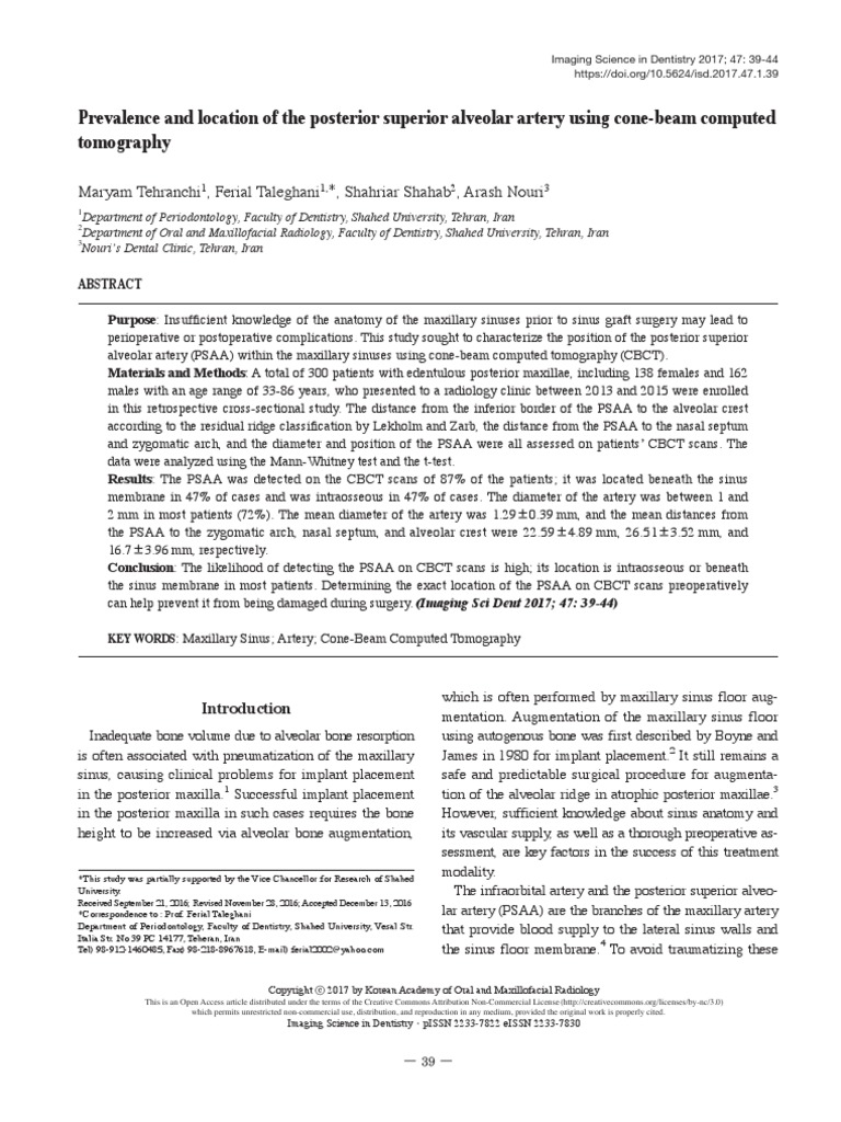 2017 Prevalence and Location of The Posterior Superior Alveolar Artery ...