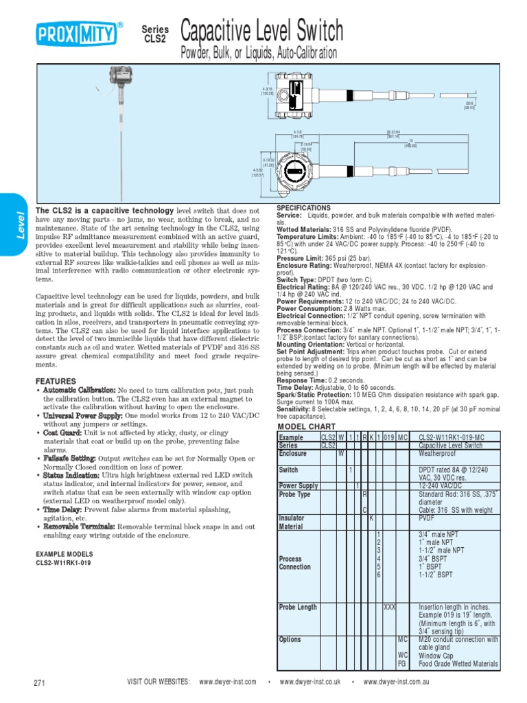 Capacitive Level Switch: Powder, Bulk, or Liquids, Auto-Calibration ...