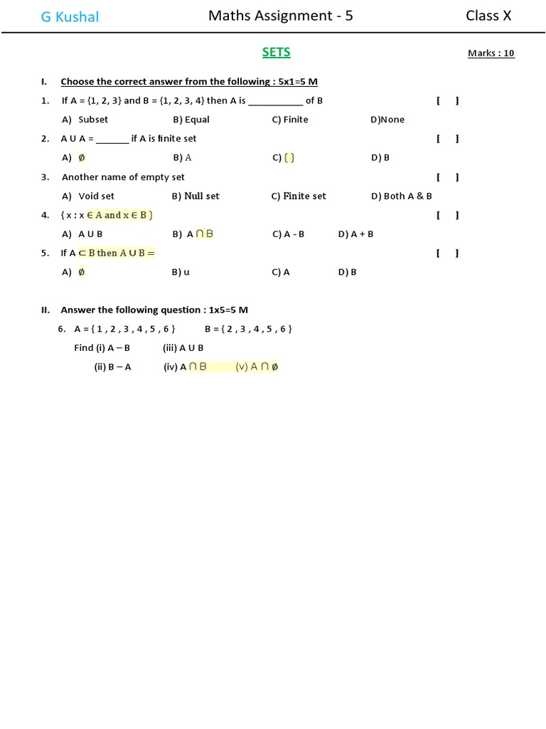 Class 10 Maths Assignment on Sets | PDF