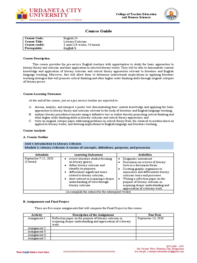 Literary Criticism Course Guide | PDF | English Studies | Critical Thinking