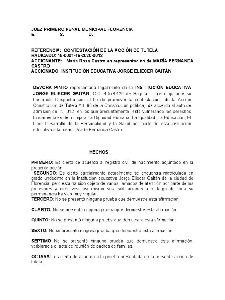 Contestación Acción de Tutela | PDF | Derecho Constitucional ...