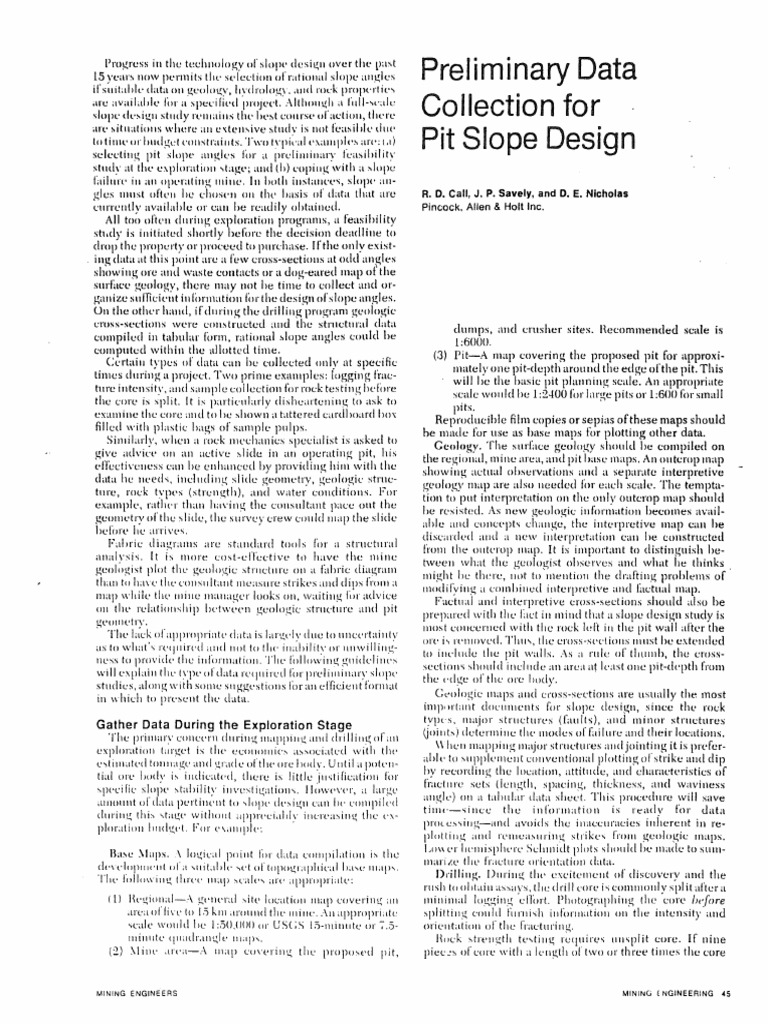 Preliminary Data Collection For Pit Slope Design: Preli11ti I.1ry ...