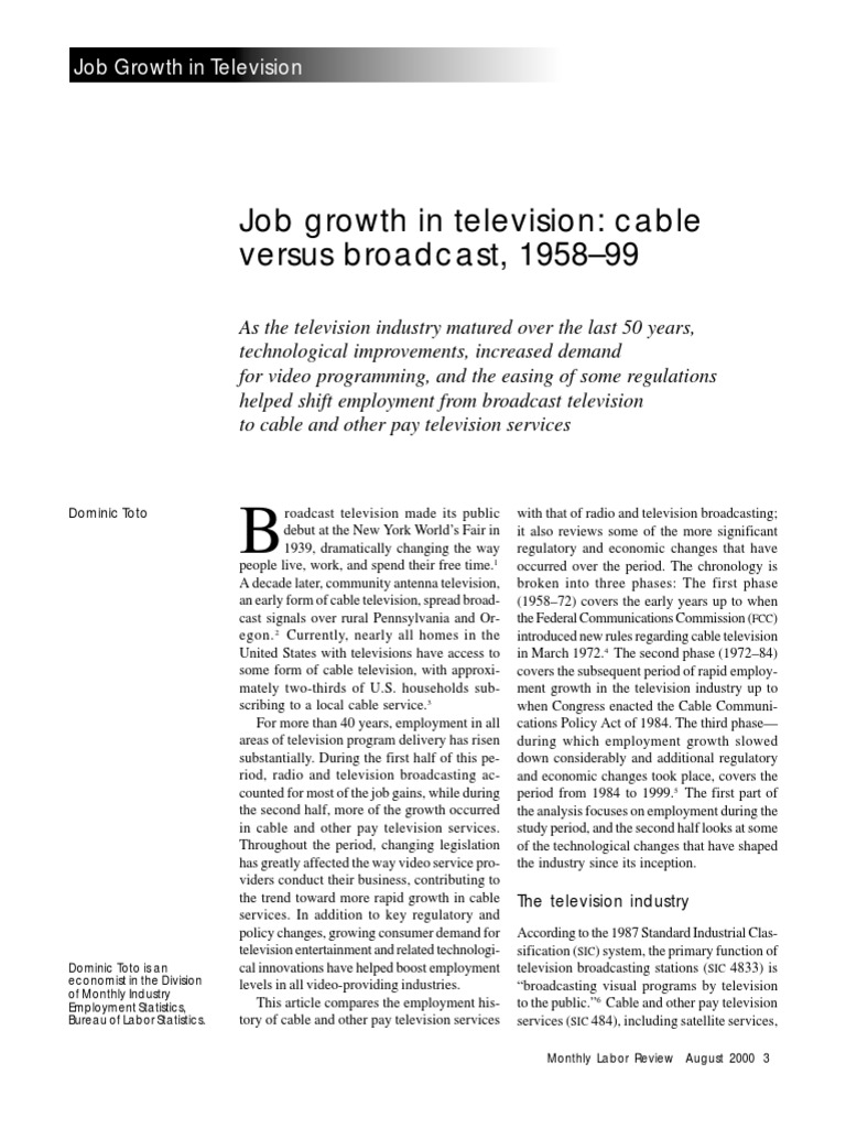 Job Growth in Television Cable Versus Broadcast, 195899 PDF Cable Television Federal