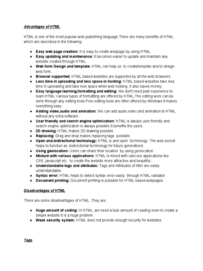 HTML Advantage and Disadvantage | PDF | Html | Html Element