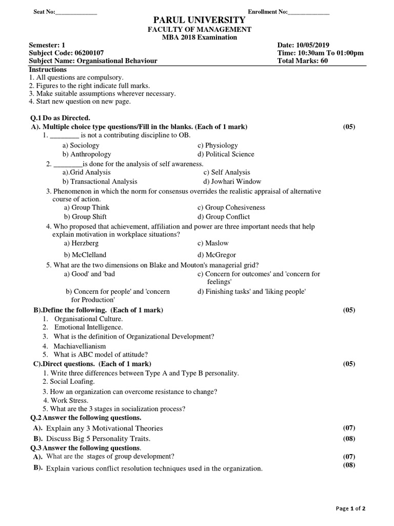 MBA Exam Paper: Organisational Behaviour | PDF | Organizational ...