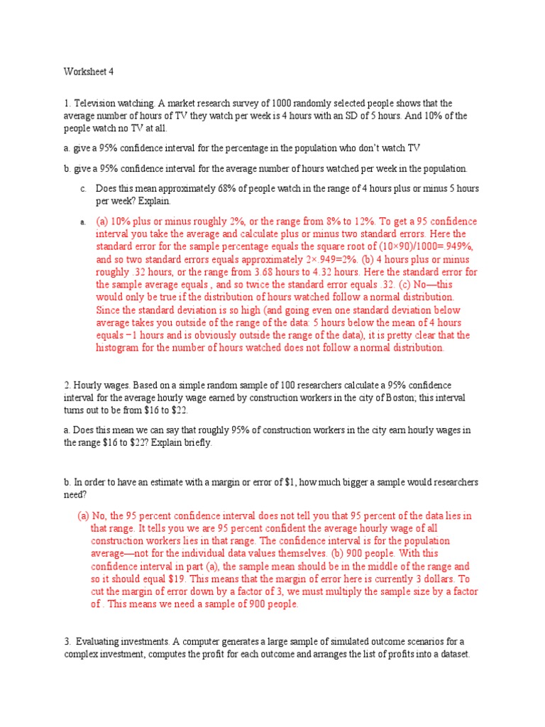 Worksheet 4 - Solutions | PDF | Confidence Interval | Standard Error