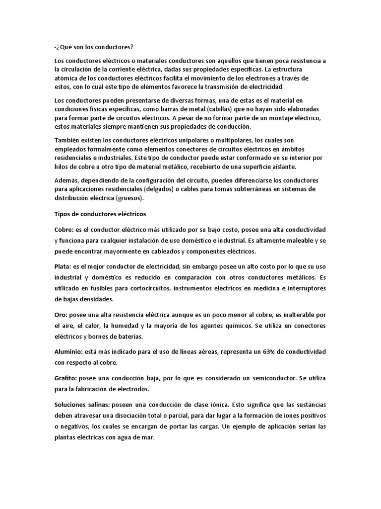 Definición y tipos de conductores eléctricos | PDF | Conductor ...