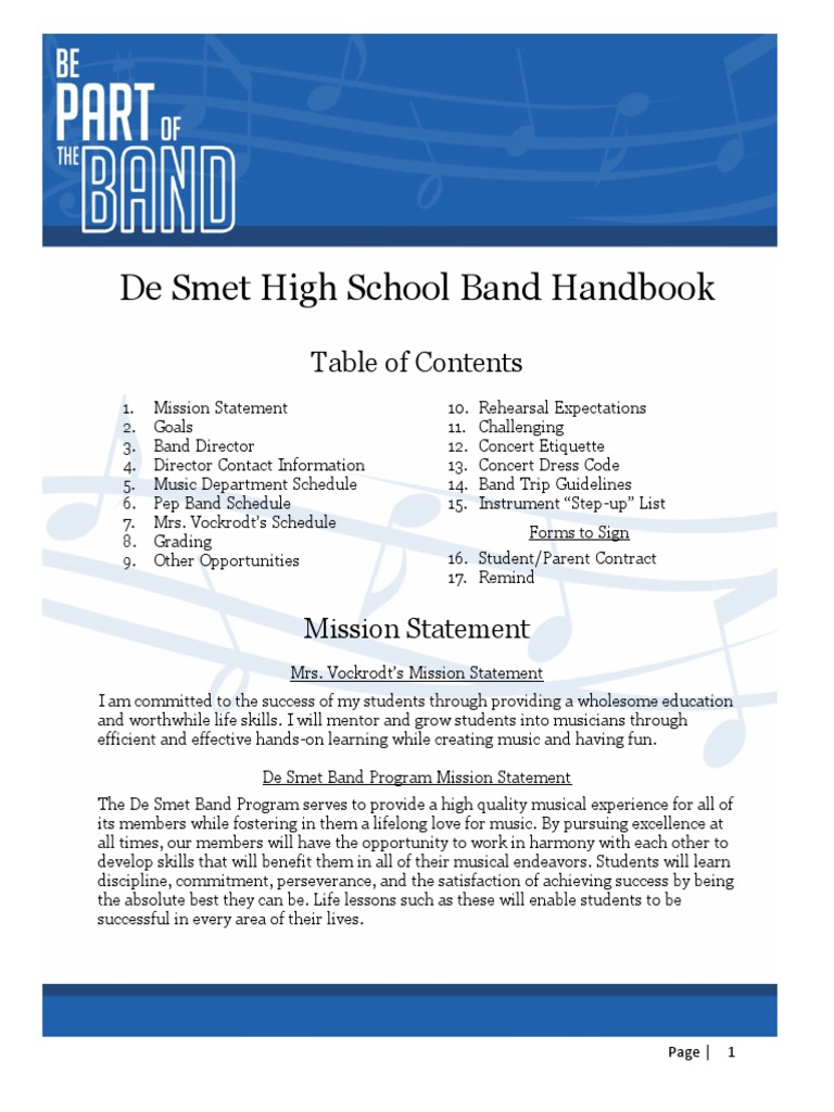 De Smet Hs Band Handbook 2020-21 | PDF | Saxophone | Aerophones