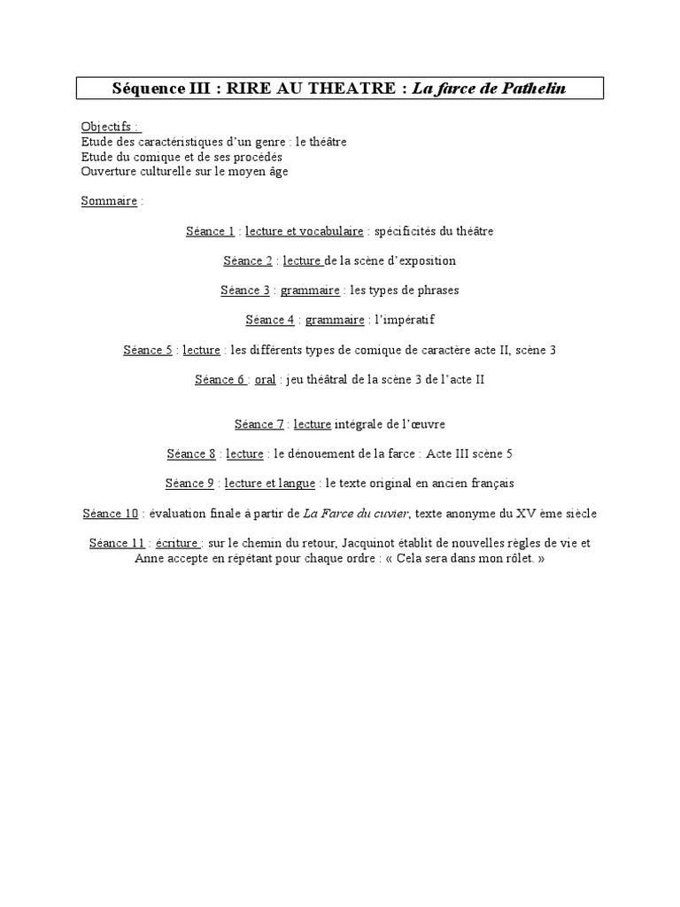 La Farce De Maître Pathelin Questions Et Réponses Rire Au Theatre Farce de Pathelin 5eme | PDF | Phrase | Théâtre