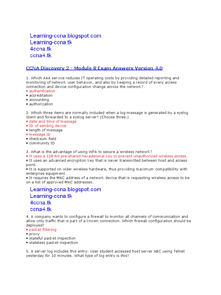 CCNA Discovery 2 Module 8 Exam Answers | PDF