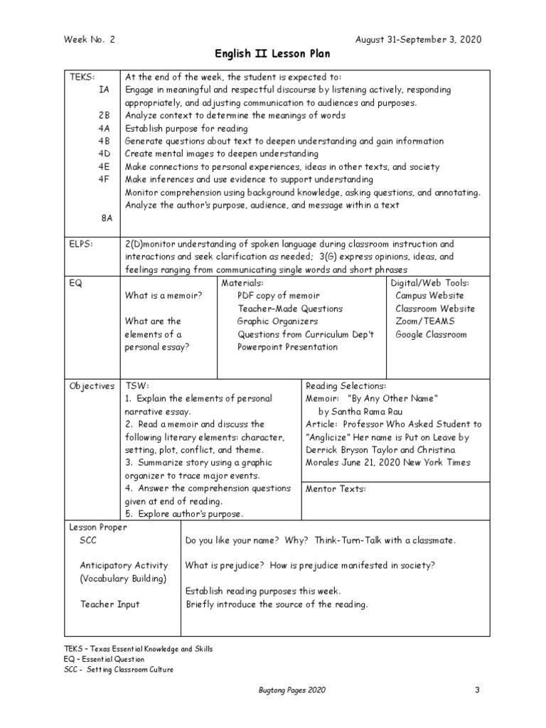 English II Memoir Lesson Plan | PDF | Reading Comprehension | Communication