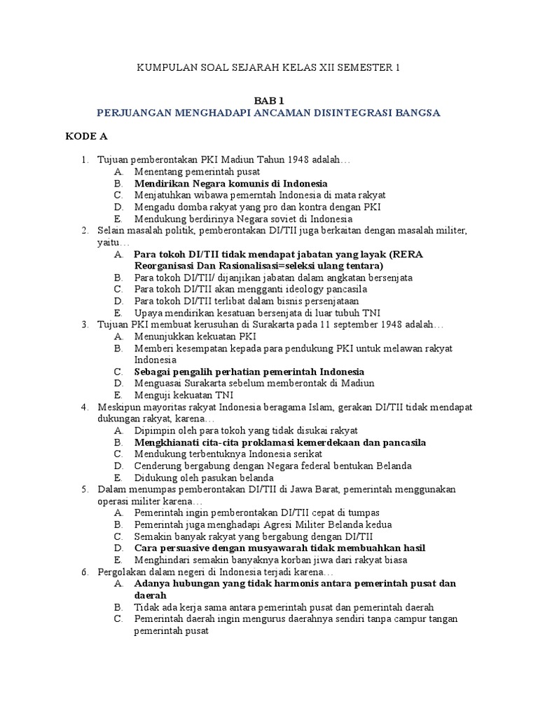 Kumpulan Soal Sejarah Kelas Xii Semester 1