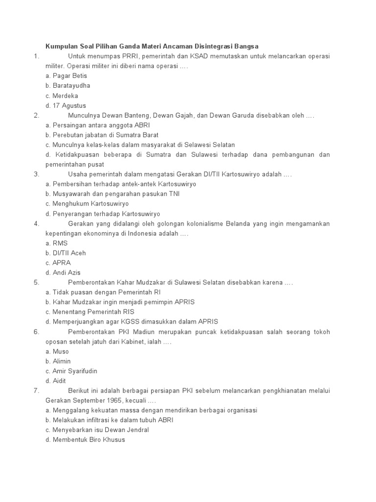 Kumpulan Soal Pilihan Ganda Materi Ancaman Disintegrasi Bangsa