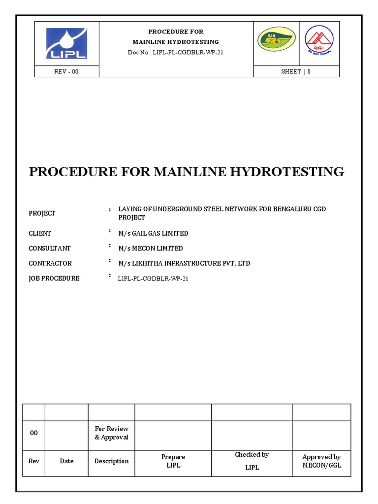 Mainline Hydrotesting Procedure Guide | PDF | Pipe (Fluid Conveyance ...