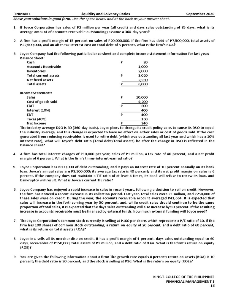 First Quiz On Liquidity and Solvency Ratios PDF | PDF | Return On ...
