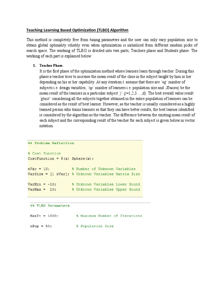 Teaching Learning Based Optimization (TLBO) Algorithm: Teacher Phase | PDF