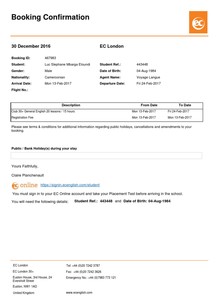 Confirmation - Booking - 30 12 2016 | PDF