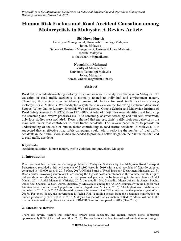 Human Risk Factors and Road Accident Causation Among Motorcyclists in ...