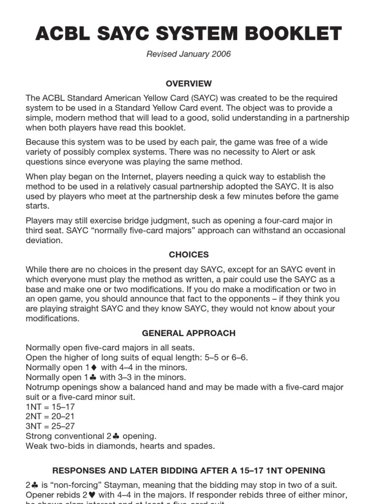 ACBL SAYC Bridge System Guide | PDF