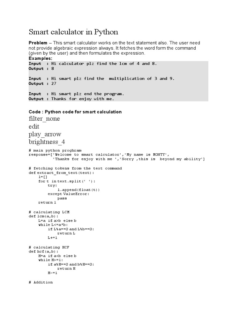 Smart Calculator in Python | Download Free PDF | Python (Programming ...