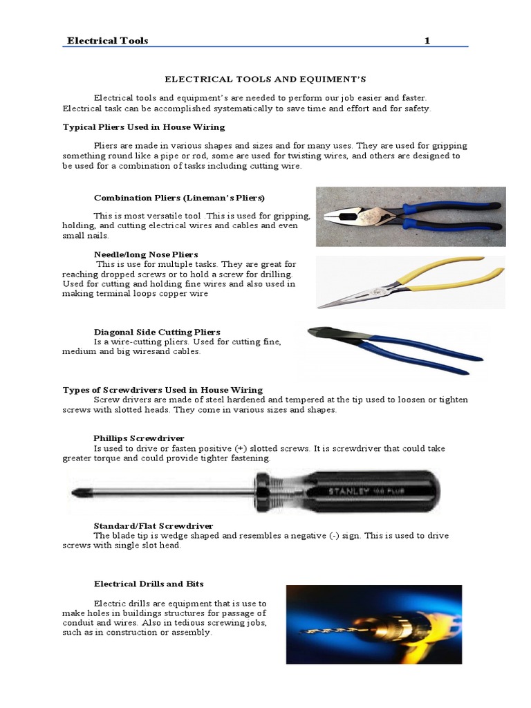 Types and Uses of Electrical Tools and Equipments | PDF | Voltage | Screw
