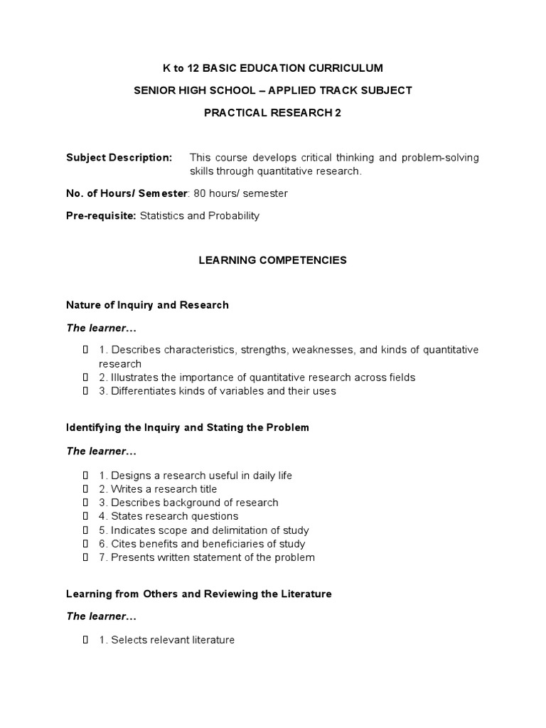 Practical Research 2 Curriculum Guide | PDF | Quantitative Research ...
