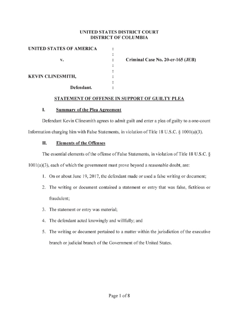 Clinesmith Plea Agreement: False Statements | PDF | United States ...