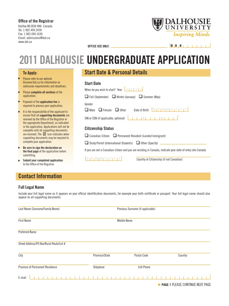 2011 Dalhousie Undergraduate Application PDF Academic Degree