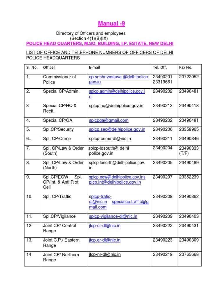 Delhi Police Telephone Numbers PDF PDF Government Agencies