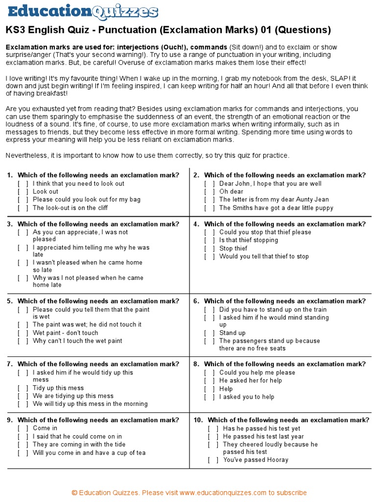 KS3 Punctuation Quiz: Exclamation Marks | PDF | Semiotics
