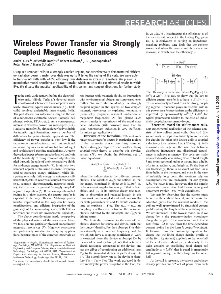 Wireless Power Transfer Via Strongly PDF | PDF | Inductor | Resonance