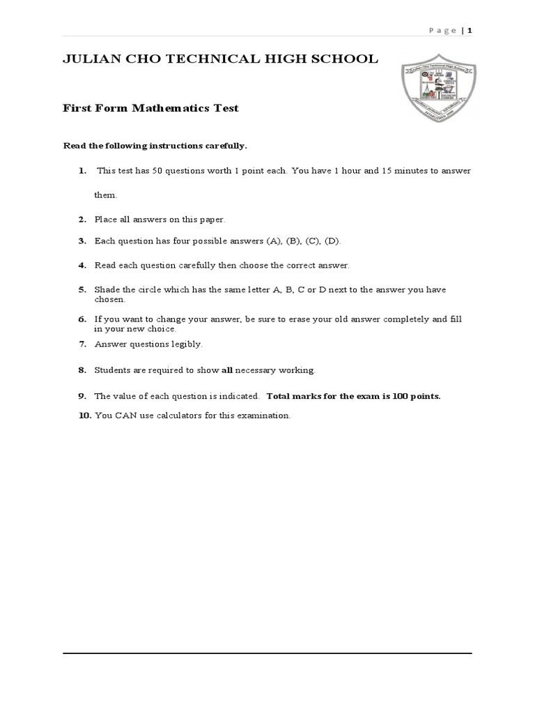 First Form Math Test | PDF | Sphere | Test (Assessment)