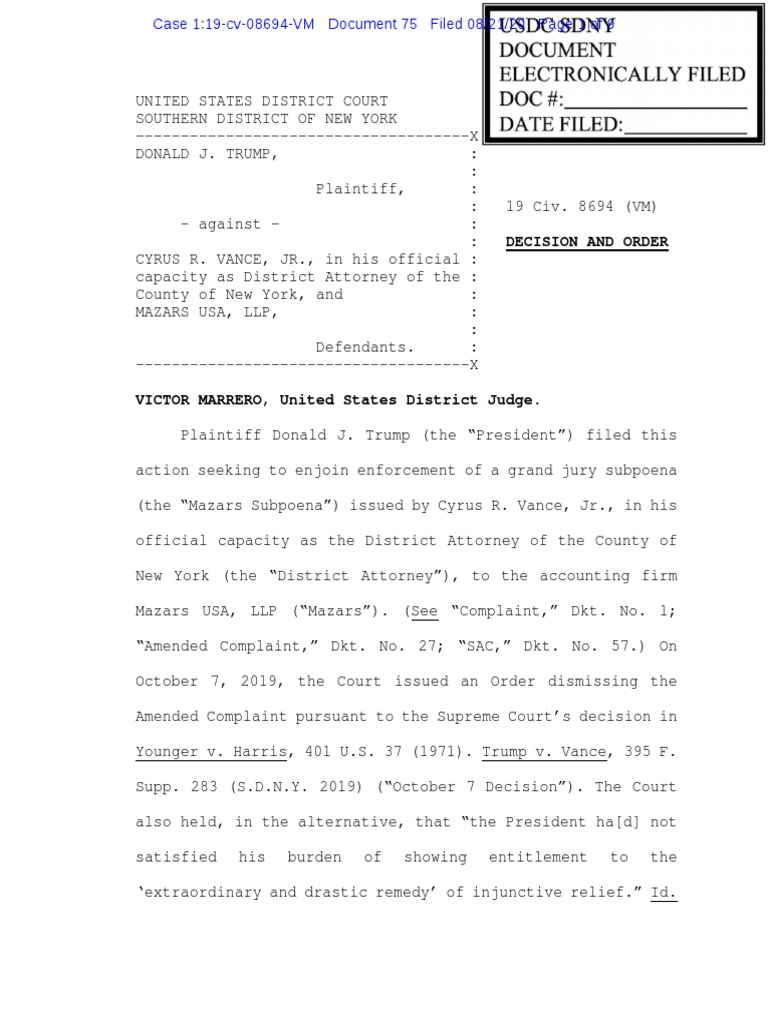 Trump v. Vance Denial of Stay August 21, 2020 PDF Federal Rules