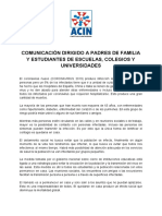 Comunicación Dirigido A Padres de Familia y Estudiantes de Escuelas, Colegios y Universidades