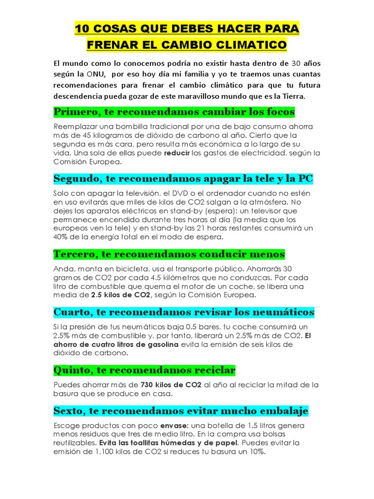 10 Cosas Que Debes Hacer para Frenar El Cambio Climatico PDF | PDF ...