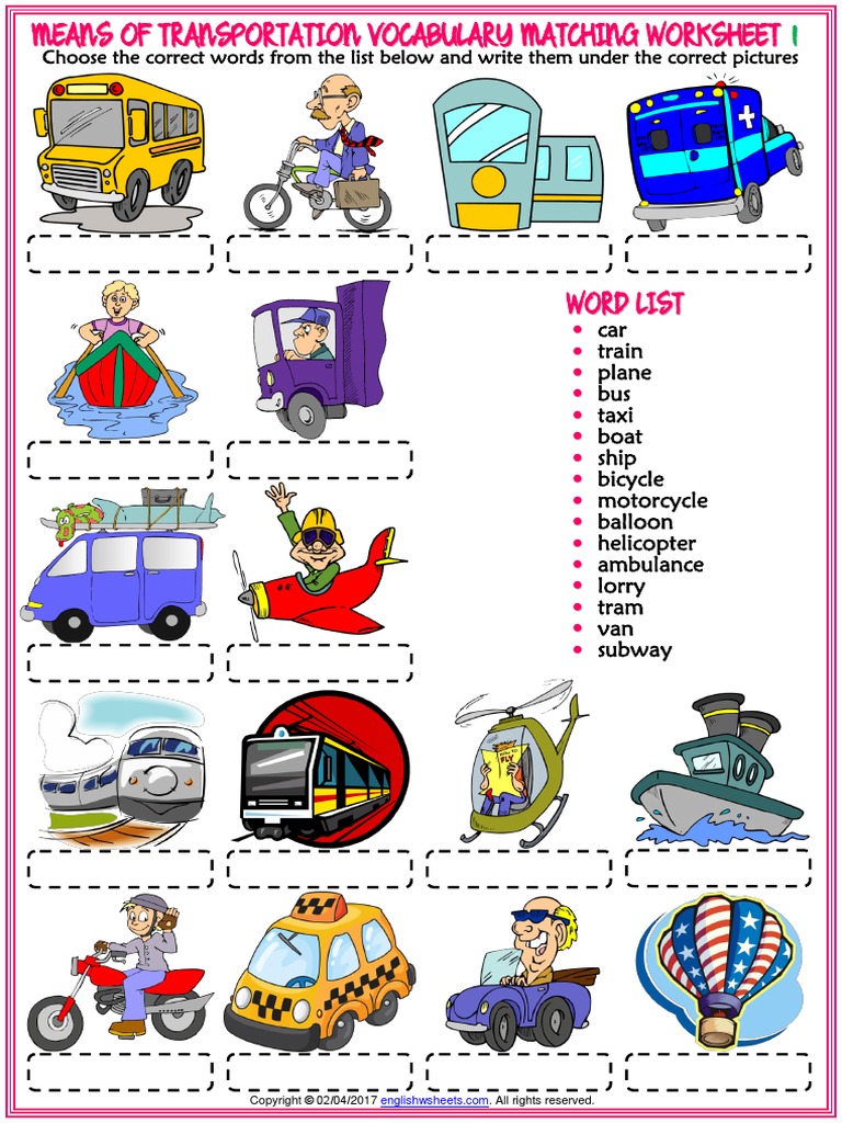 means of transportation vocabulary esl matching exercise worksheets for kids pdf vehicle technology land vehicles