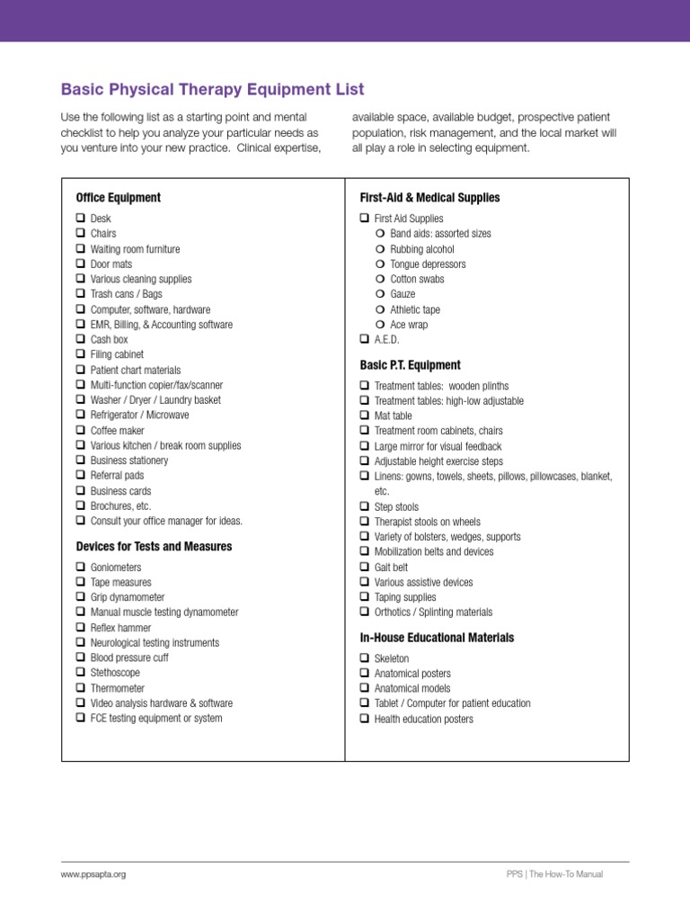 Physical Therapy Equipment Checklist PDF PDF Physical Therapy