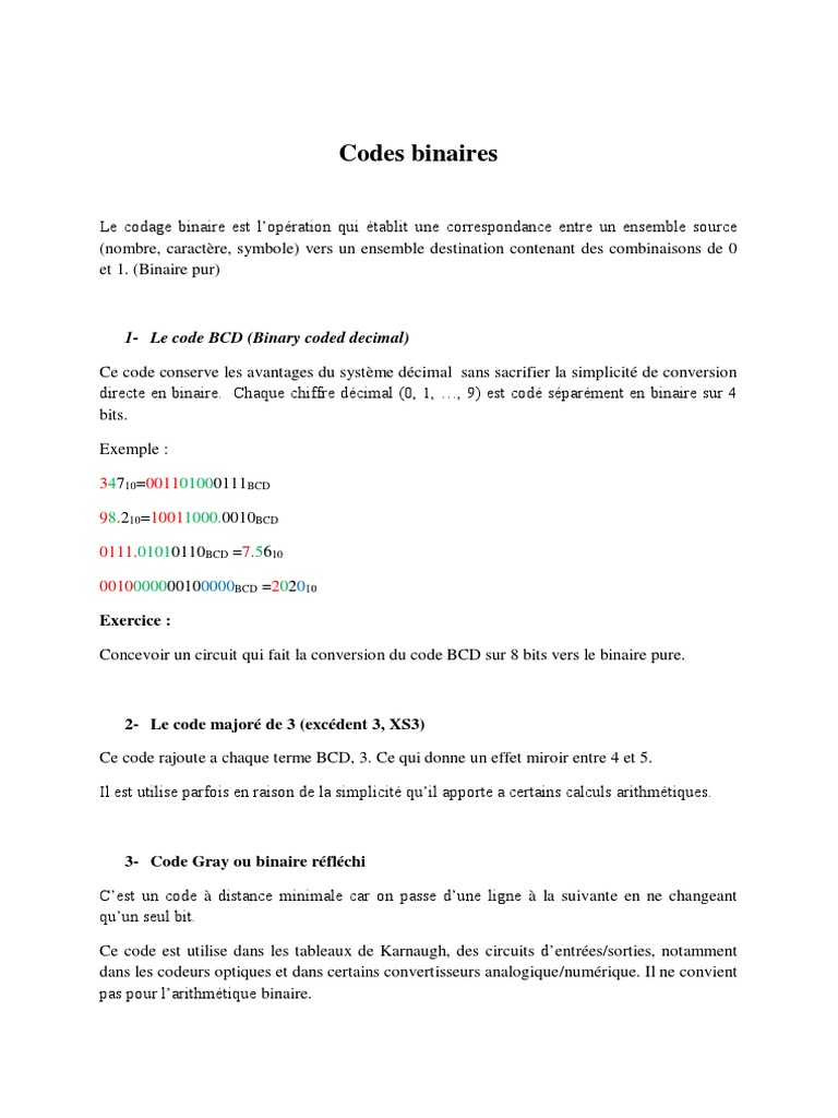 Codes binaires et conversions essentielles | PDF | Décimal codé binaire ...