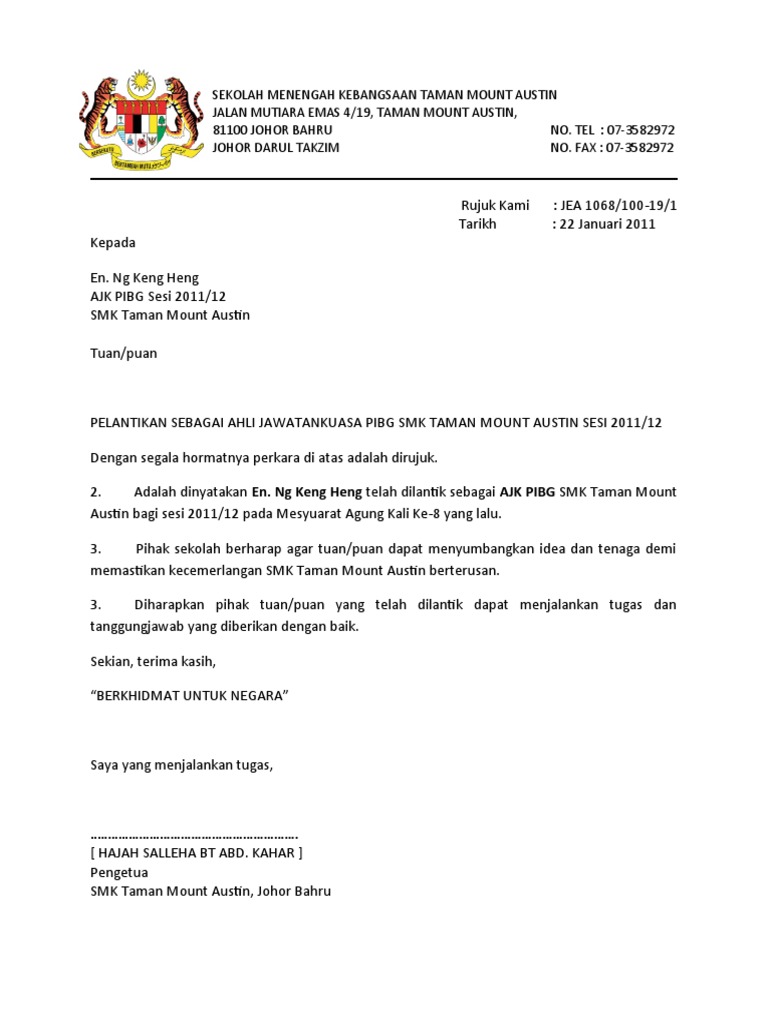 Contoh Surat Pelantikan Sebagai Pengerusi Persatuan